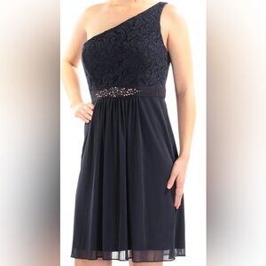 Adrianna Papell Black One Shoulder Stretch Tulle Lace Cocktail Dress Sz 16